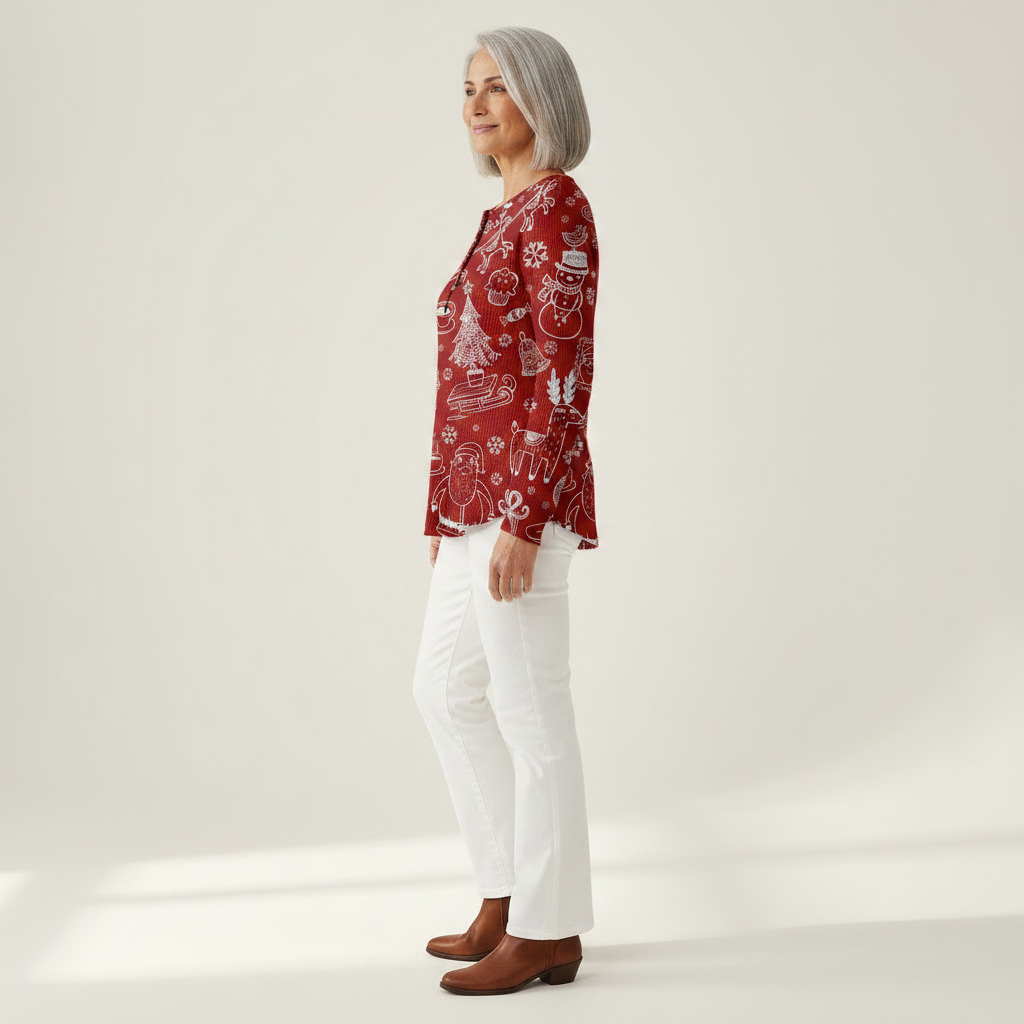 Karla - Pull de Noël rouge à motifs blancs - détail du tissu