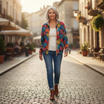 Susanne | Gilet avec motif de cœurs colorés - porté en extérieur