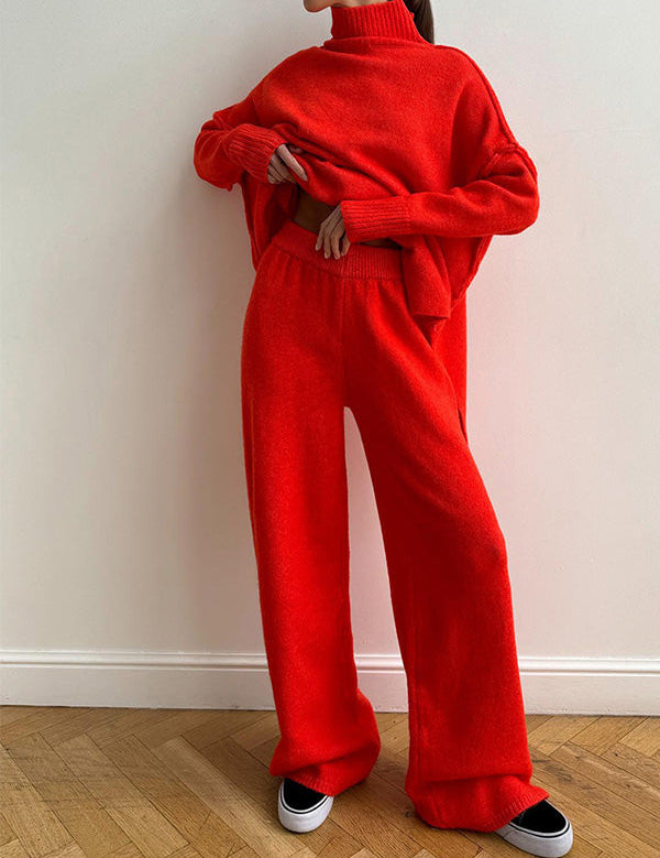 Aria Ensemble Loungewear Femme – Set Tricot Doux à Col Montant & Pantalon Large