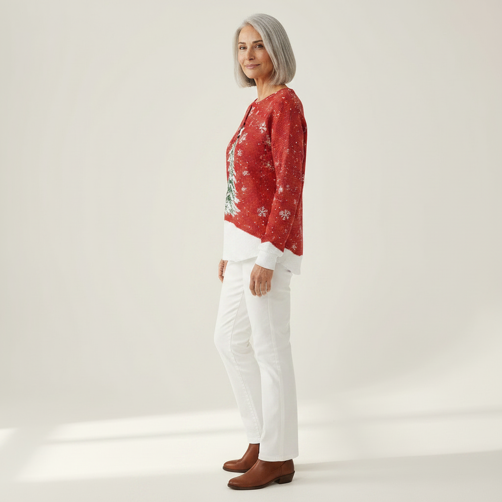 Sofia - Pull de Noël rouge à sapin - détail du tissu