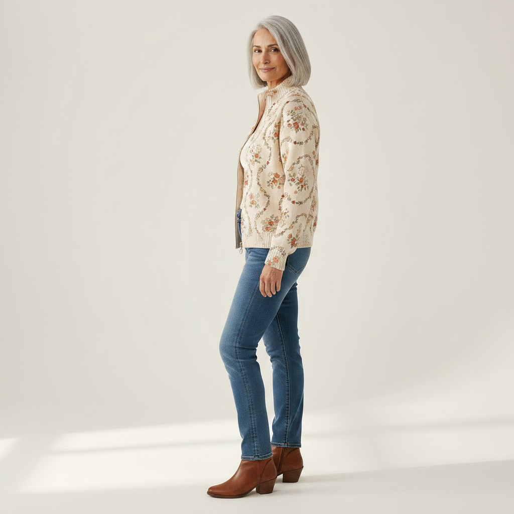 Ingrid | Gilet avec délicates volutes florales - vue de profil
