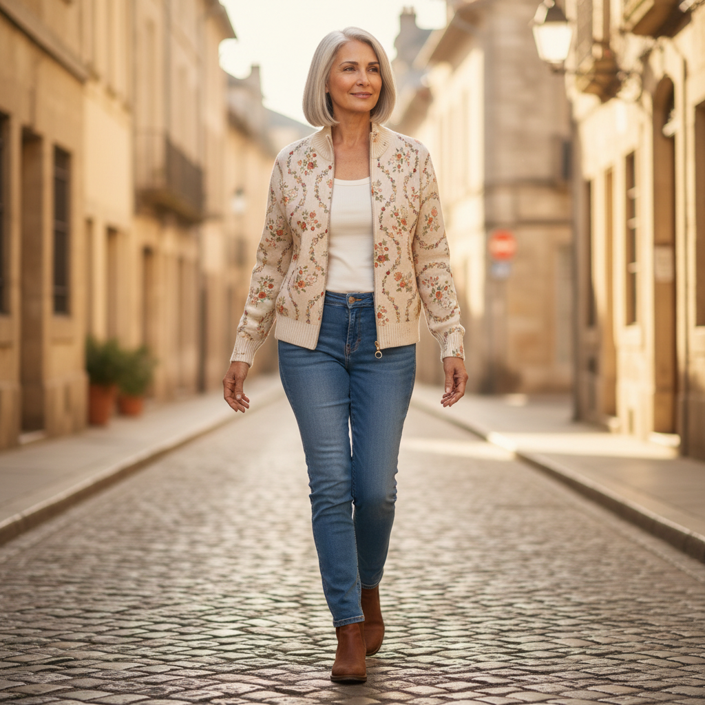 Ingrid | Gilet avec délicates volutes florales - porté en extérieur