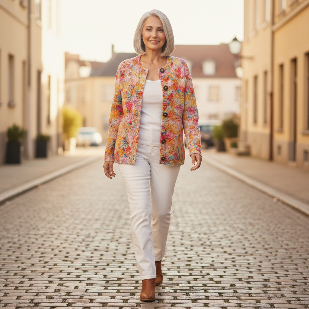 Aveline | Cardigan en maille vintage pour femme - porté en extérieur