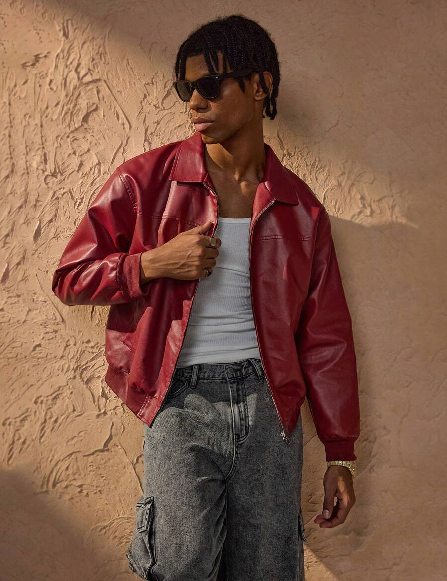 Vince Veste Homme Similicuir Rouge – Veste Zippée Moderne à Épaules Tombantes Style Urbain