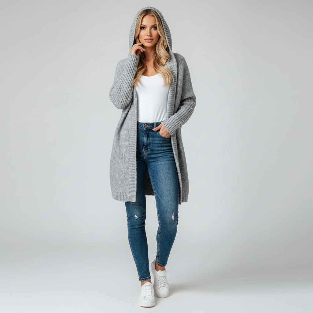 Angelie Cardigan Hoodie Oversize Femme – Gilet en Maille Douce avec Capuche et Manches Chauve-souris
