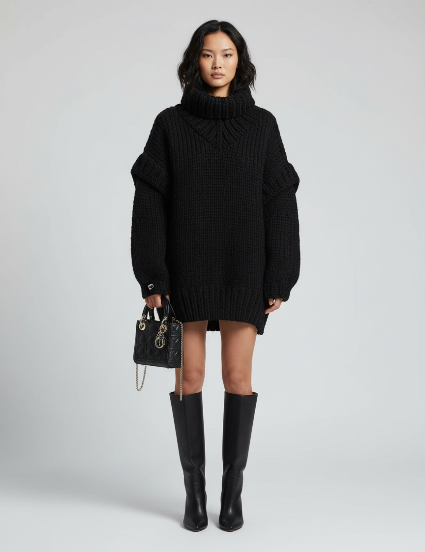 Amellia Pull Oversize Femme – Pull en Maille Douce à Col Montant et Épaules Tombantes