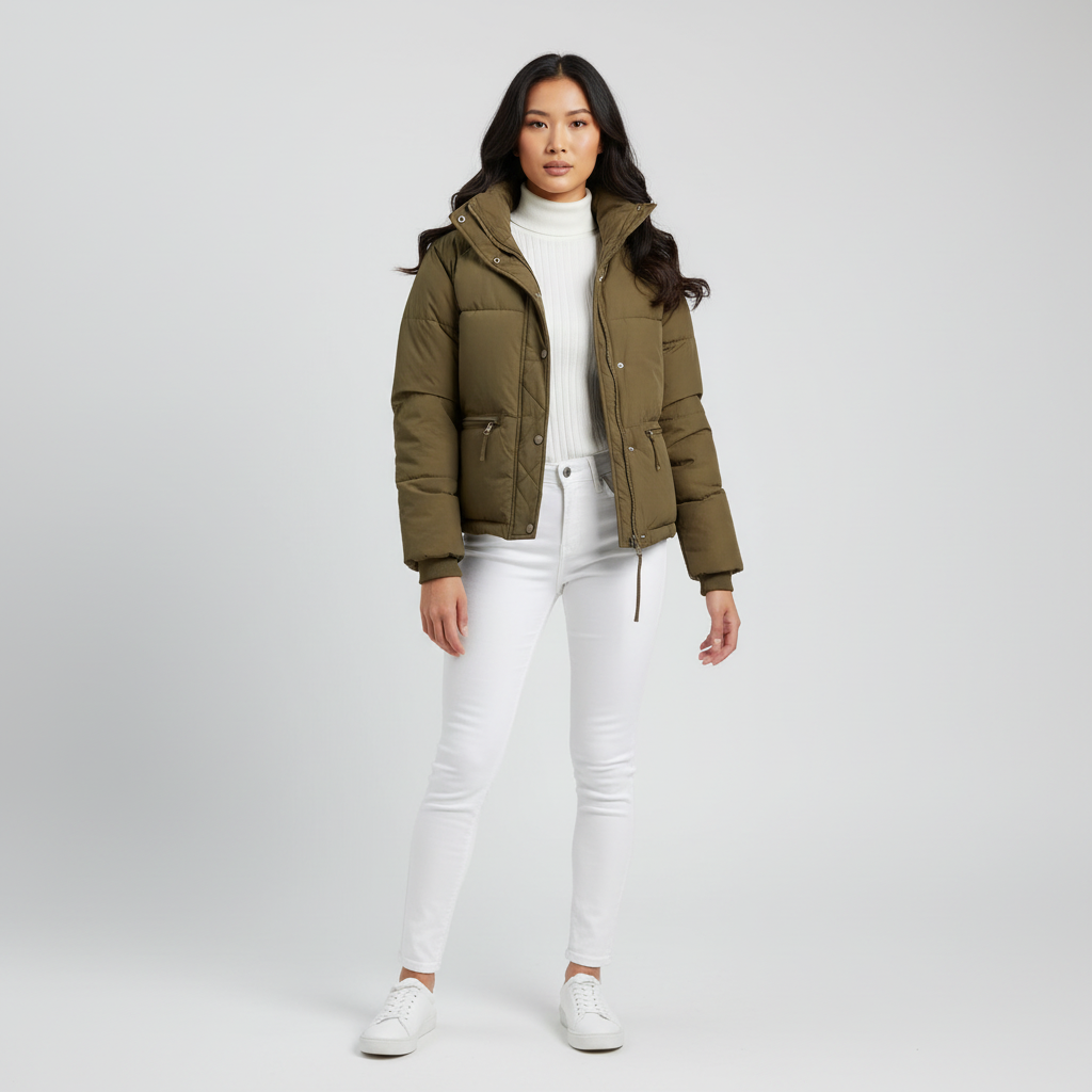 Nadine Doudoune Femme Beige – Veste Puffer Oversize à Col Montant et Poches Zippées