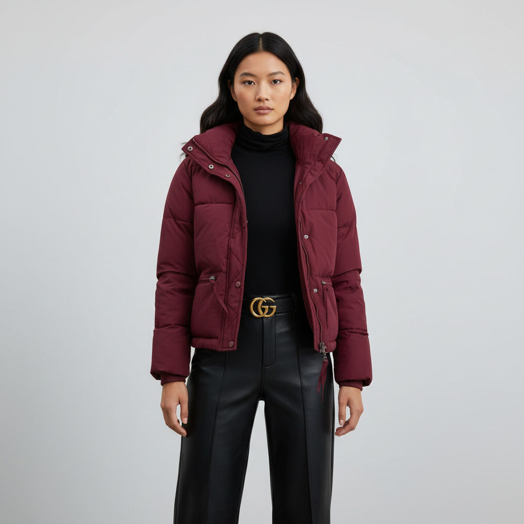 Nadine Doudoune Femme Beige – Veste Puffer Oversize à Col Montant et Poches Zippées