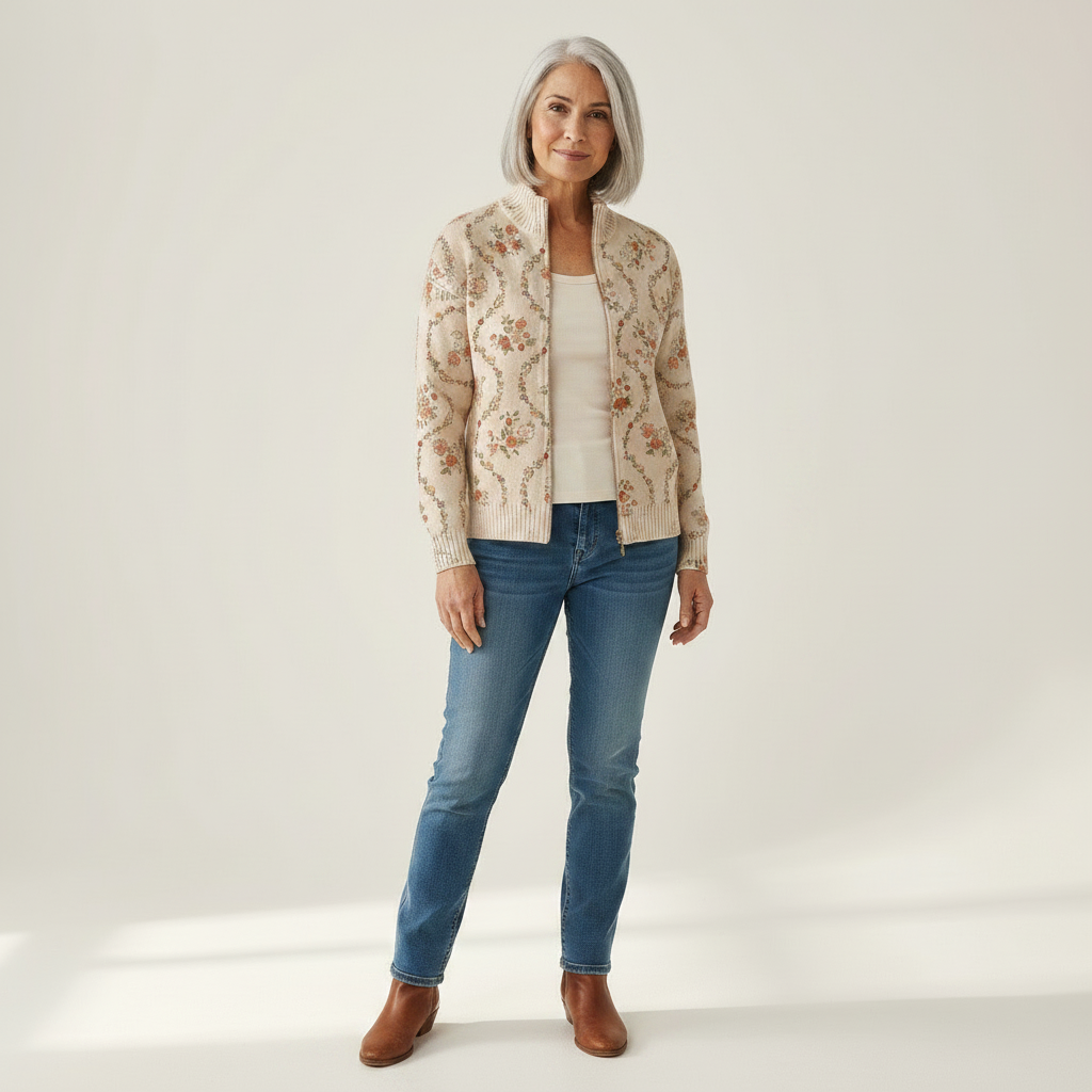 Ingrid | Gilet avec délicates volutes florales - vue de face