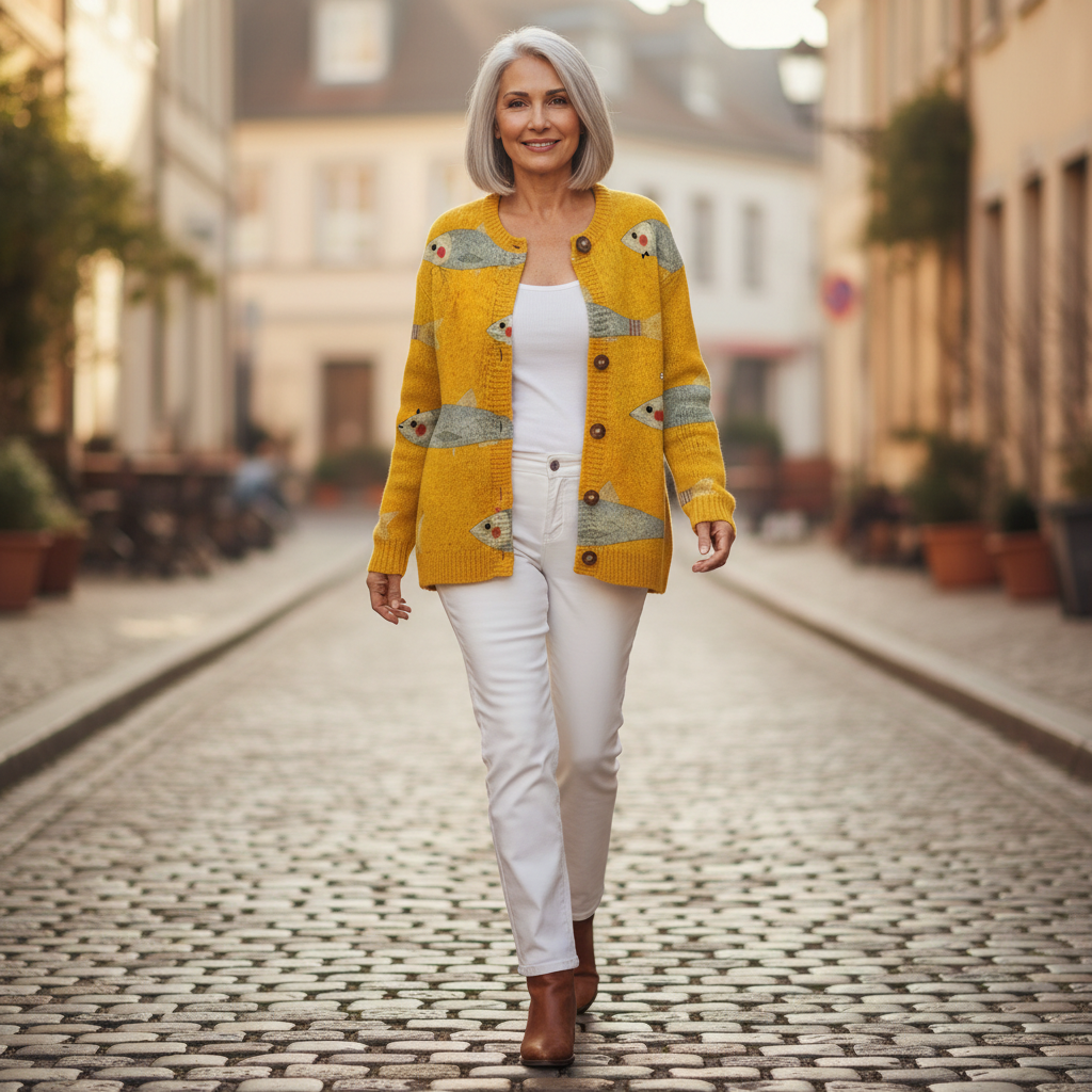 Evalisse | Cardigan en maille vintage pour femme - porté en extérieur