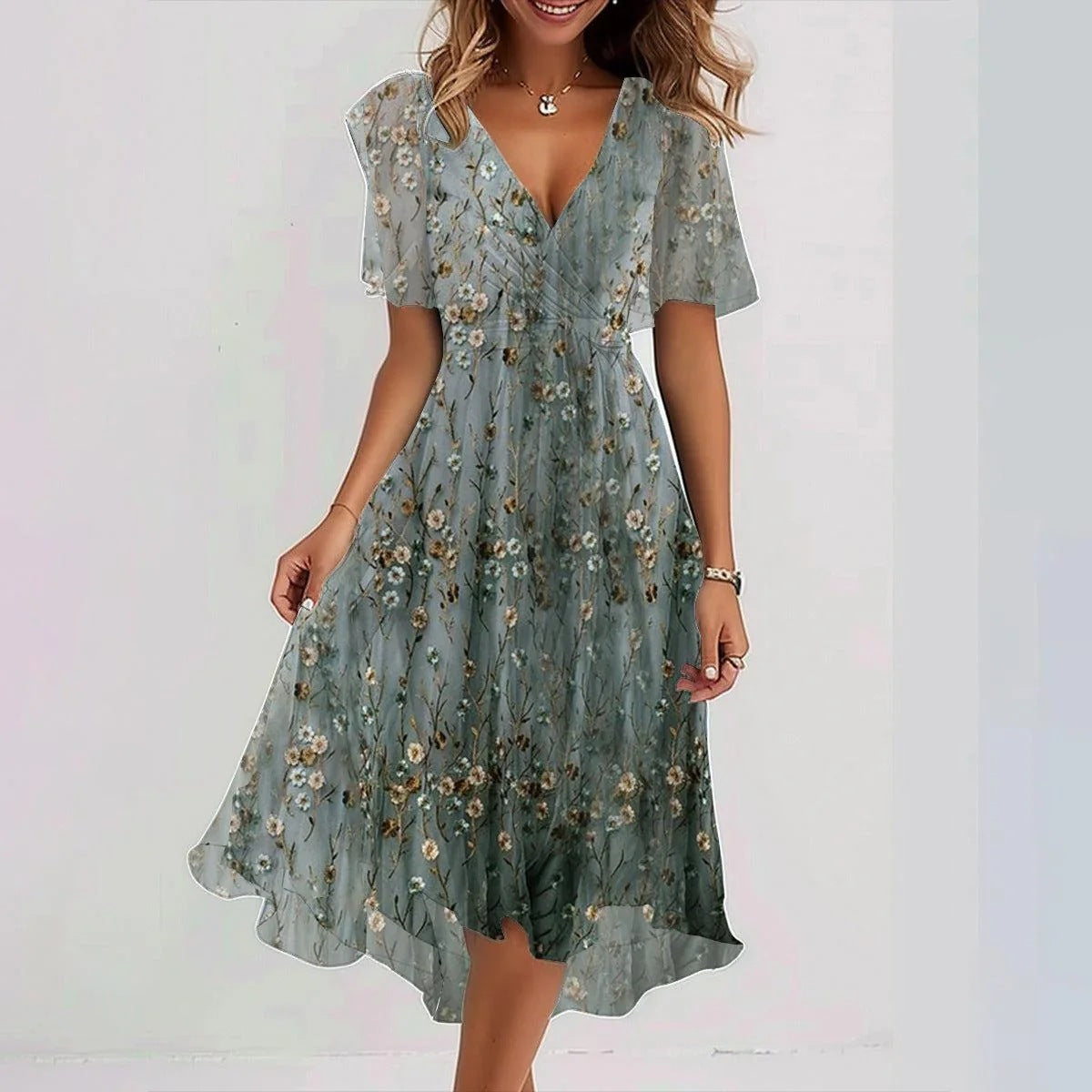 Emily Robe Midi Femme – Robe Légère en Chiffon avec Imprimé Fleuri, Décolleté en V & Taille Cintrée