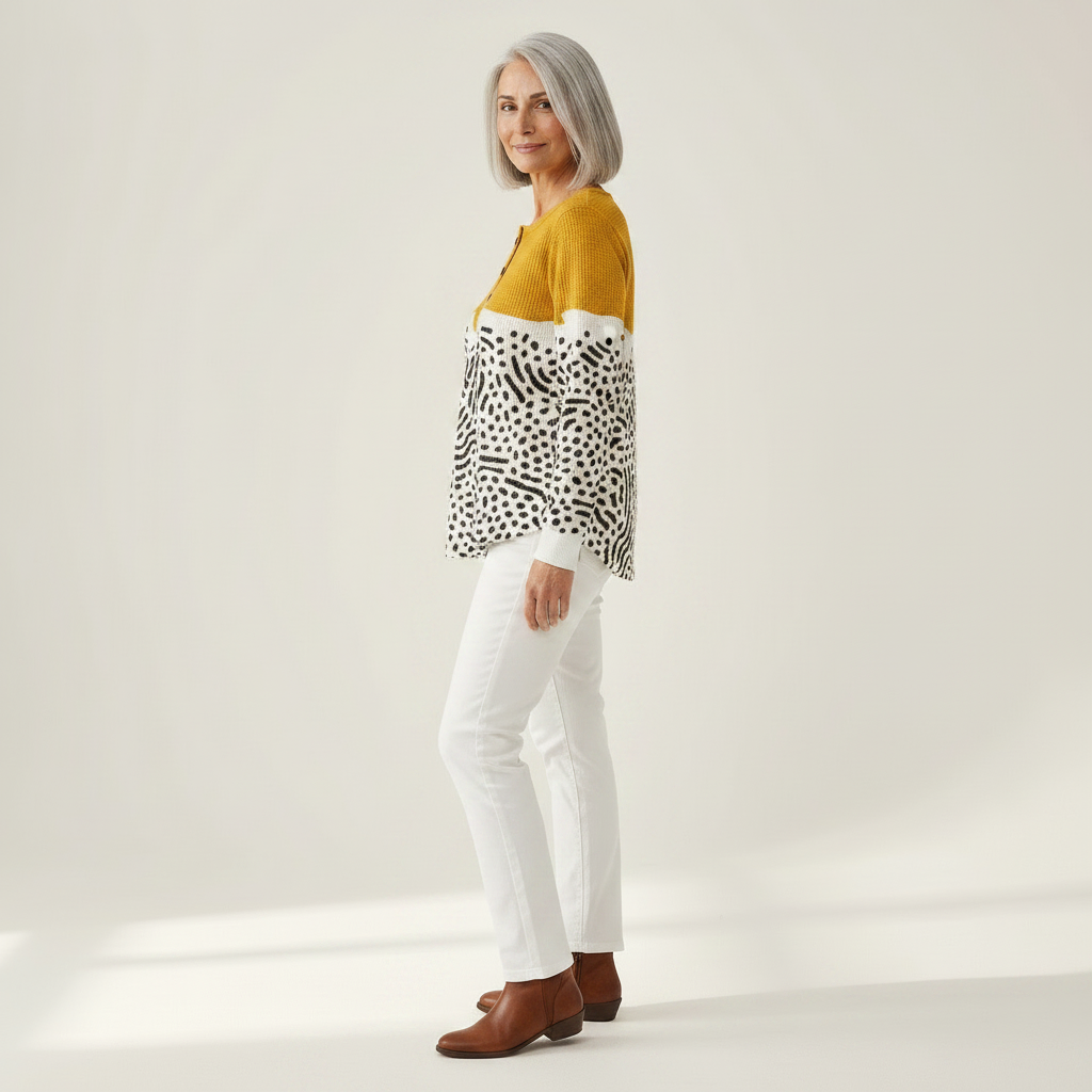 Liv - Pull jaune moutarde à pois - détail du tissu