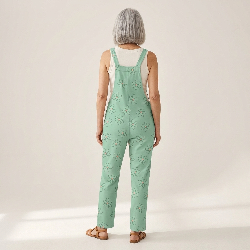 Margaux - salopette imprimée à jambes larges, portée avec un haut uni