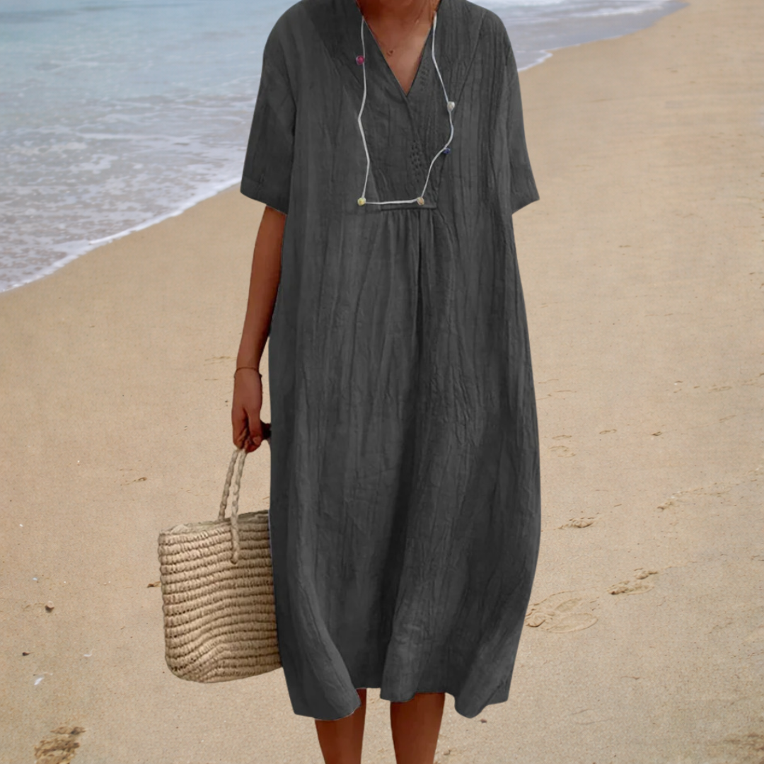 Charlotte - robe longue d’été pour femme, col en V et manches courtes - vue 3