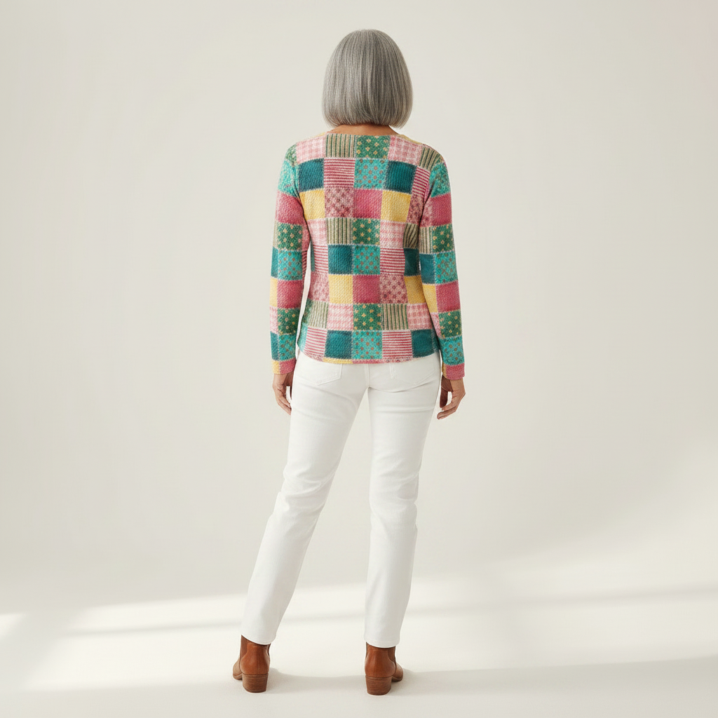 Agnes - Pull patchwork rose et turquoise - autre vue