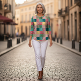 Agnes - Pull patchwork rose et turquoise - autre angle