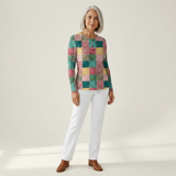 Agnes - Pull patchwork rose et turquoise - vue rapprochée