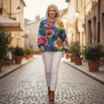 Ida - Pull à grandes fleurs colorées - porté en extérieur