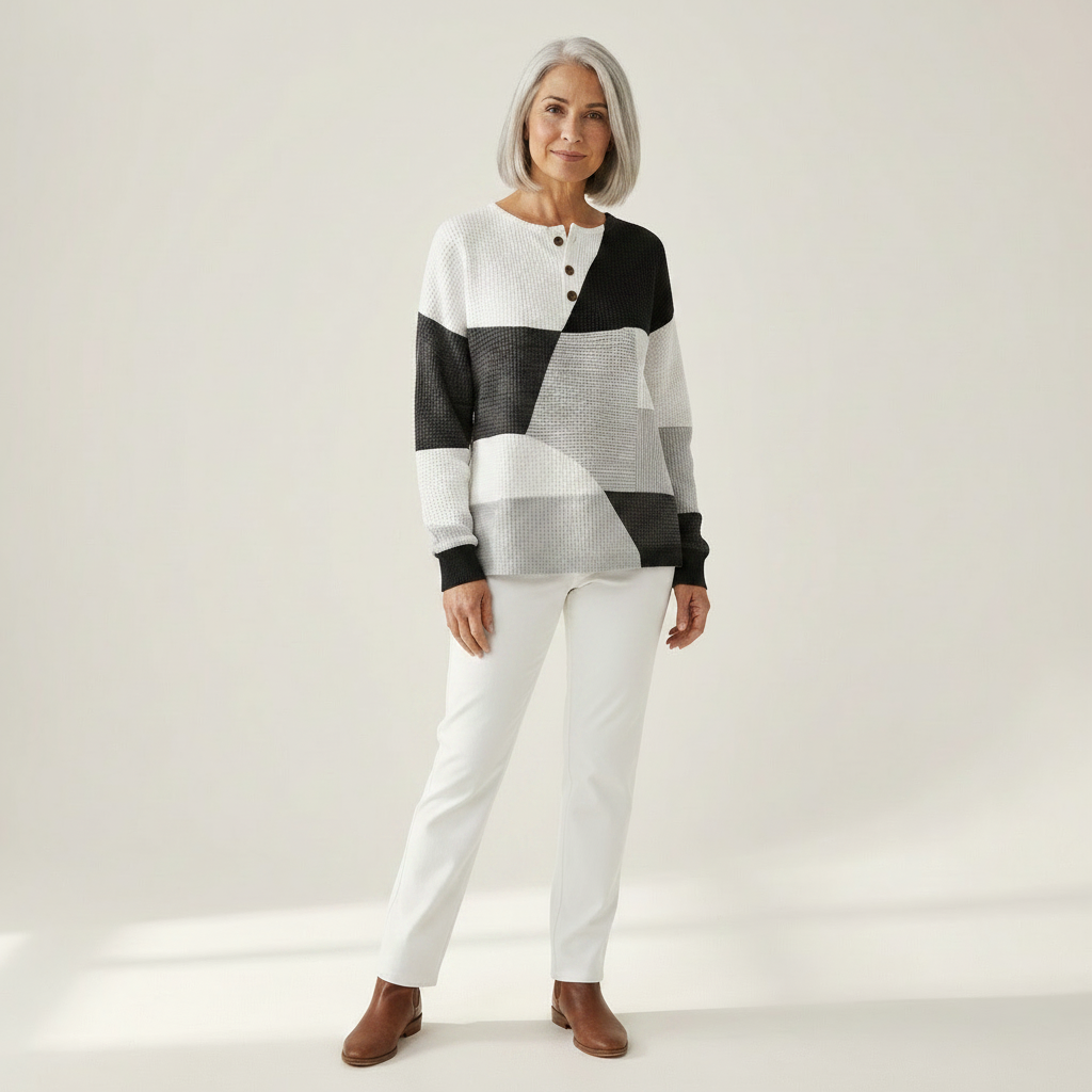 Ella - Pull patchwork noir et blanc - vue rapprochée