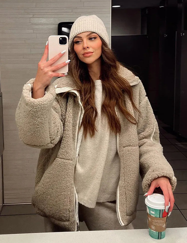 Fely Veste Teddy Femme – Manteau Oversize Chaud avec Col Haut & Tissu Ultra Doux