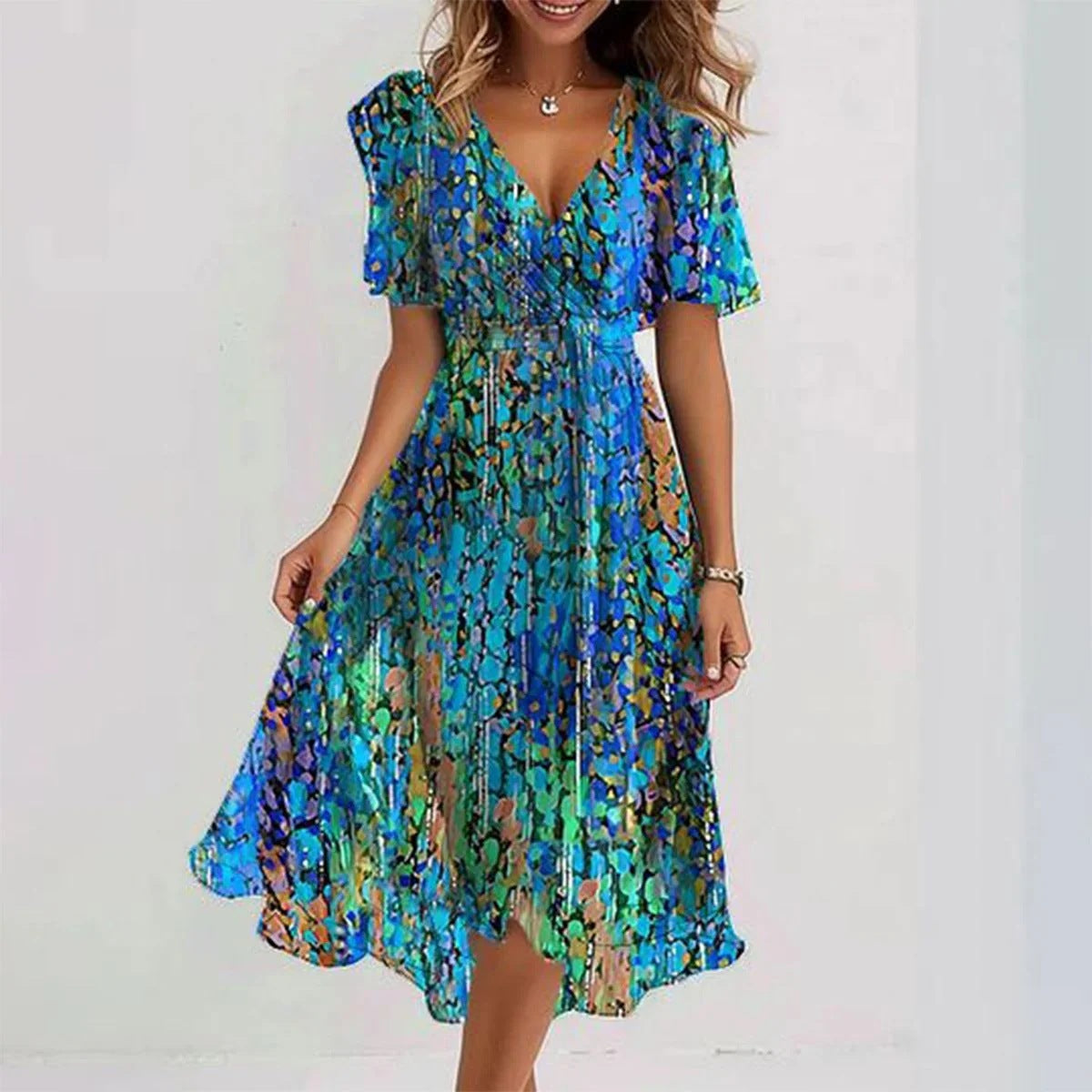 Emily Robe Midi Femme – Robe Légère en Chiffon avec Imprimé Fleuri, Décolleté en V & Taille Cintrée