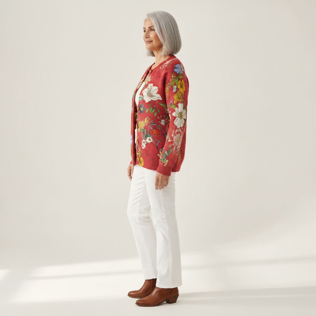 Amara | Cardigan en maille fleurie vintage pour femme - vue de profil