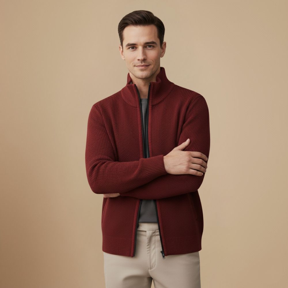 Jeffrey Gilet Zippé Homme – Pull Épais en Maille avec Col Montant & Doublure Chaude