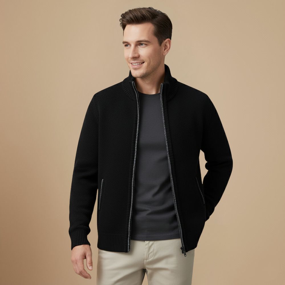 Jeffrey Gilet Zippé Homme – Pull Épais en Maille avec Col Montant & Doublure Chaude