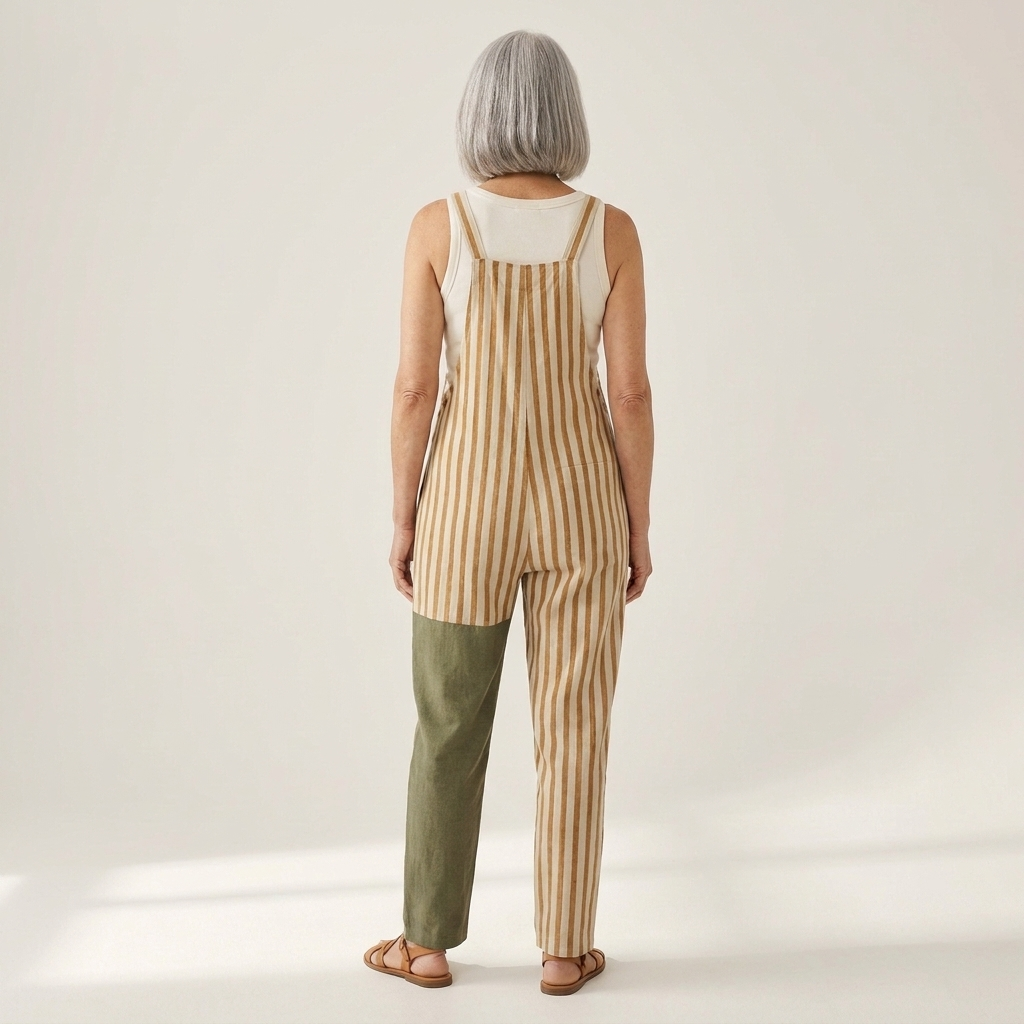 Hélène - salopette imprimée à jambes larges, portée avec un haut uni