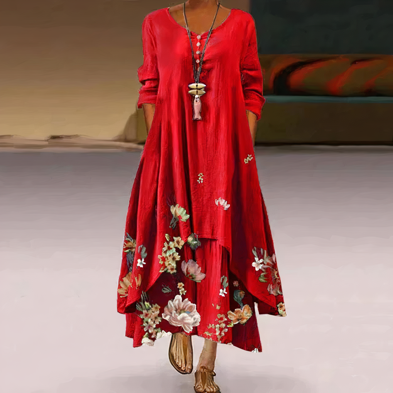 Robe Longue Femme Tania – Élégante Robe Fleurie avec Broderie & Fente pour un Look Estival