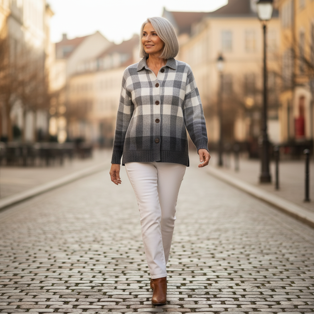 Agnès | Gilet en tricot à carreaux gris avec boutons - en extérieur