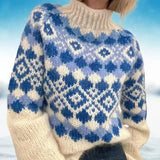 Astrid Pull Col Roulé Femme Motif Norvégien – Maille Épaisse & Confort Hivernal