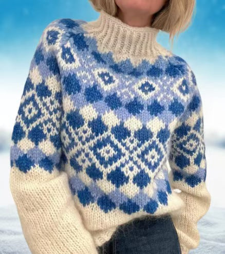 Astrid Pull Col Roulé Femme Motif Norvégien – Maille Épaisse & Confort Hivernal