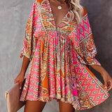 Robe d’Été Femme Ava – Mini Robe Légère avec Col en V, Manches 3/4 & Détail Bohème Imprimé
