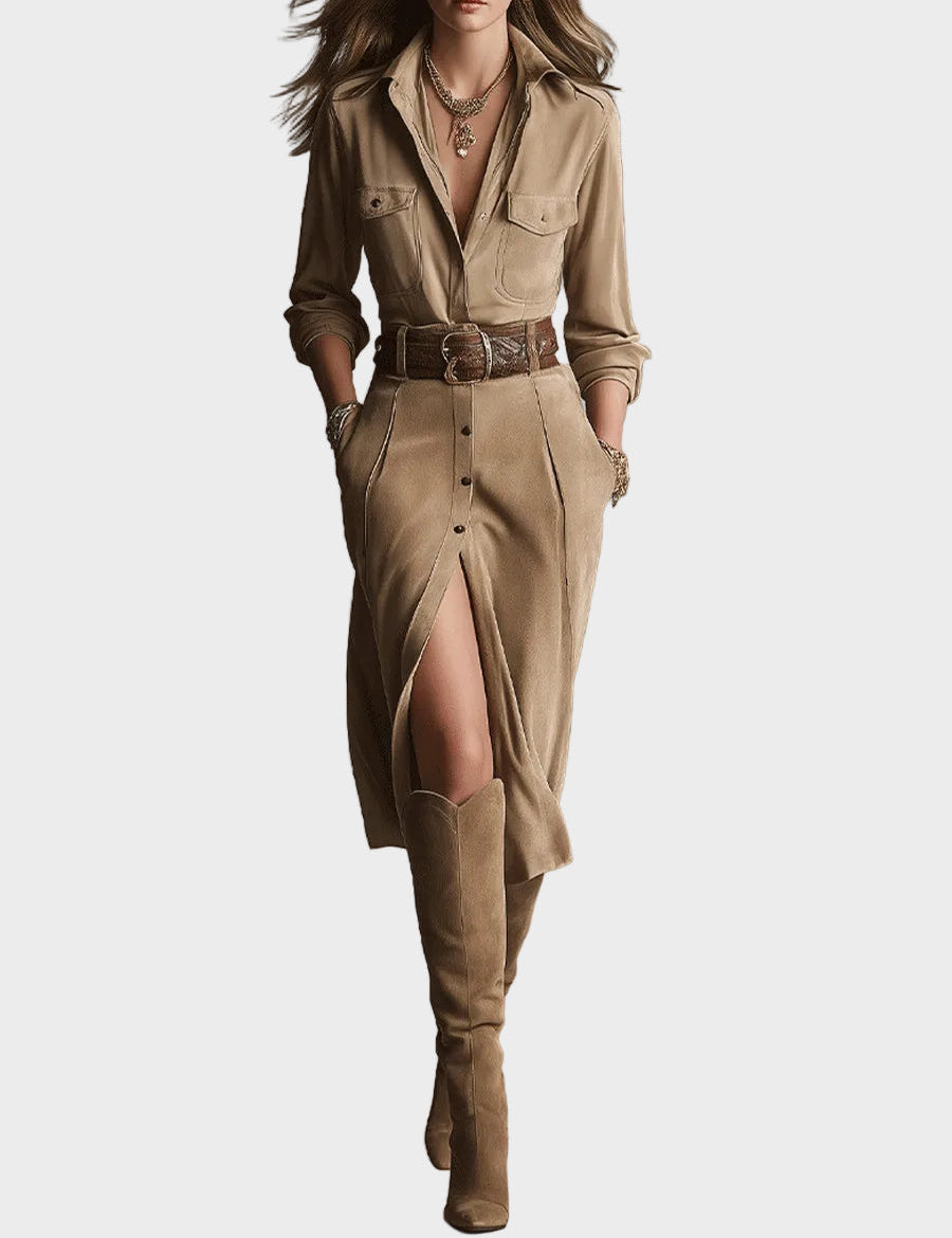 Roxane : robe midi tendance en suédine marron pour femme, vue détaillée