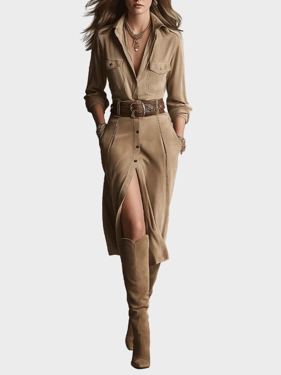 Roxane : robe midi tendance en suédine marron pour femme, vue détaillée