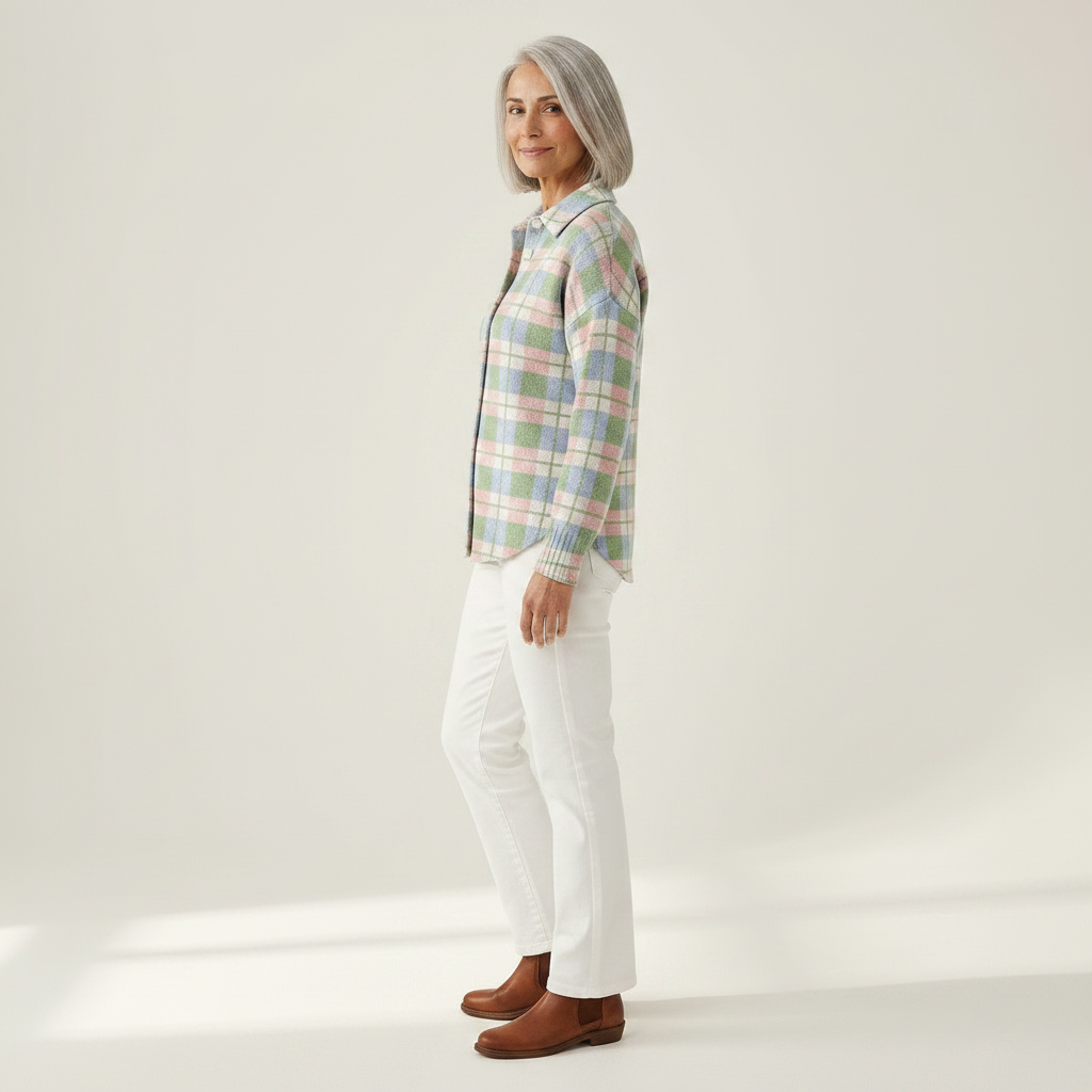 Margot | Gilet en tricot à carreaux pastel avec boutons - vue de profil