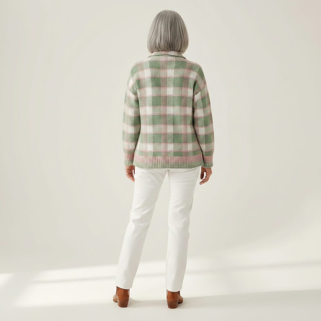 Margot | Gilet en tricot à carreaux pastel avec boutons - vue de dos