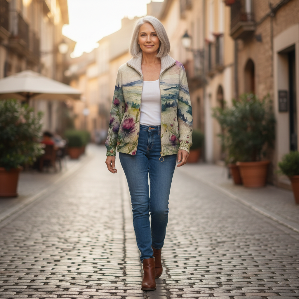 Heike | Gilet avec motif de chardon et paysage - porté en extérieur