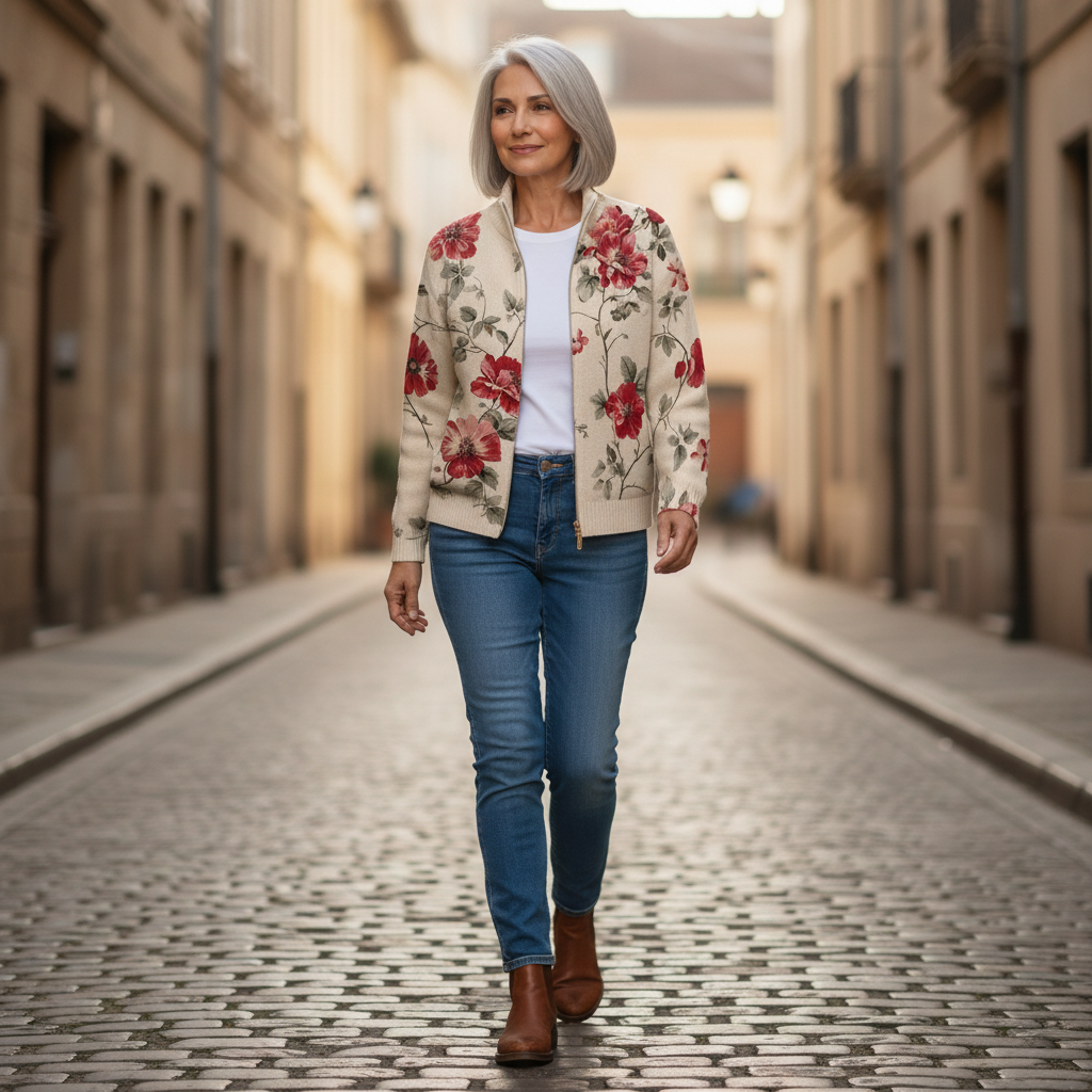 Monika | Gilet avec motif de roses vintage - porté en extérieur