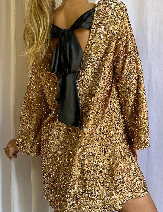 Gloria Robe de Soirée Femme – Robe Pailletée Élégante avec Coupe Ajustée & Détail Nœud