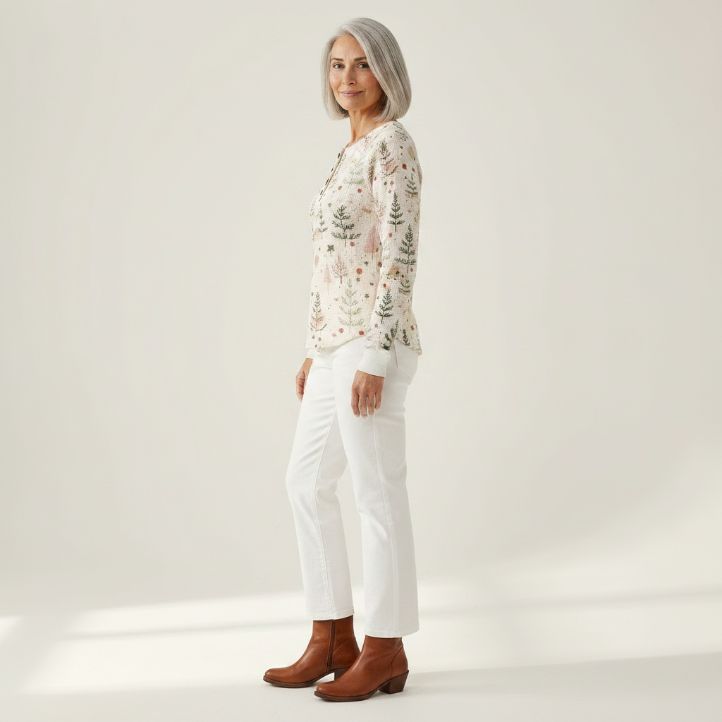 Alma - Pull à motif forêt d'automne - détail du tissu