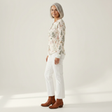 Alma - Pull à motif forêt d'automne - détail du tissu