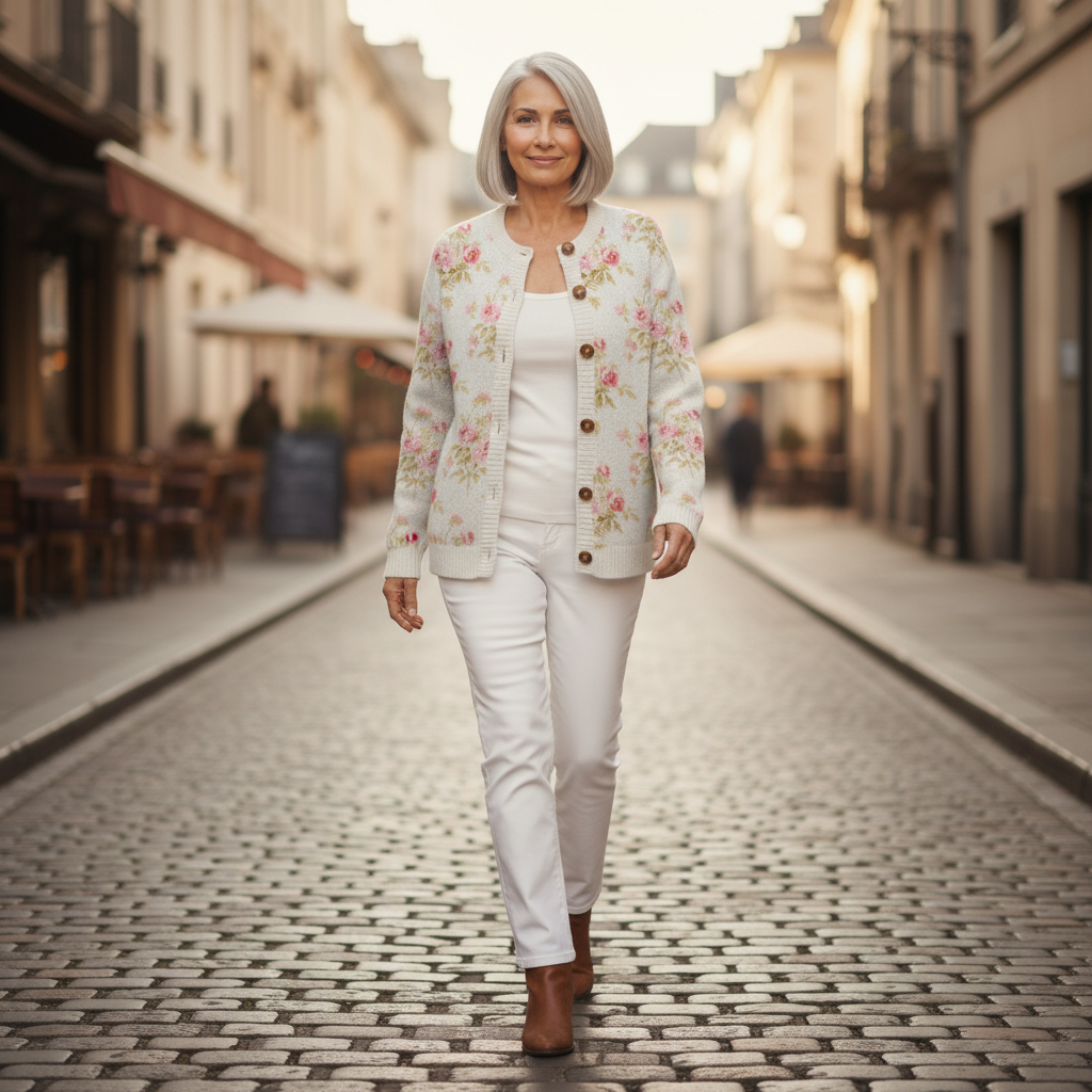 Elaris | Cardigan en maille vintage pour femme - porté en extérieur