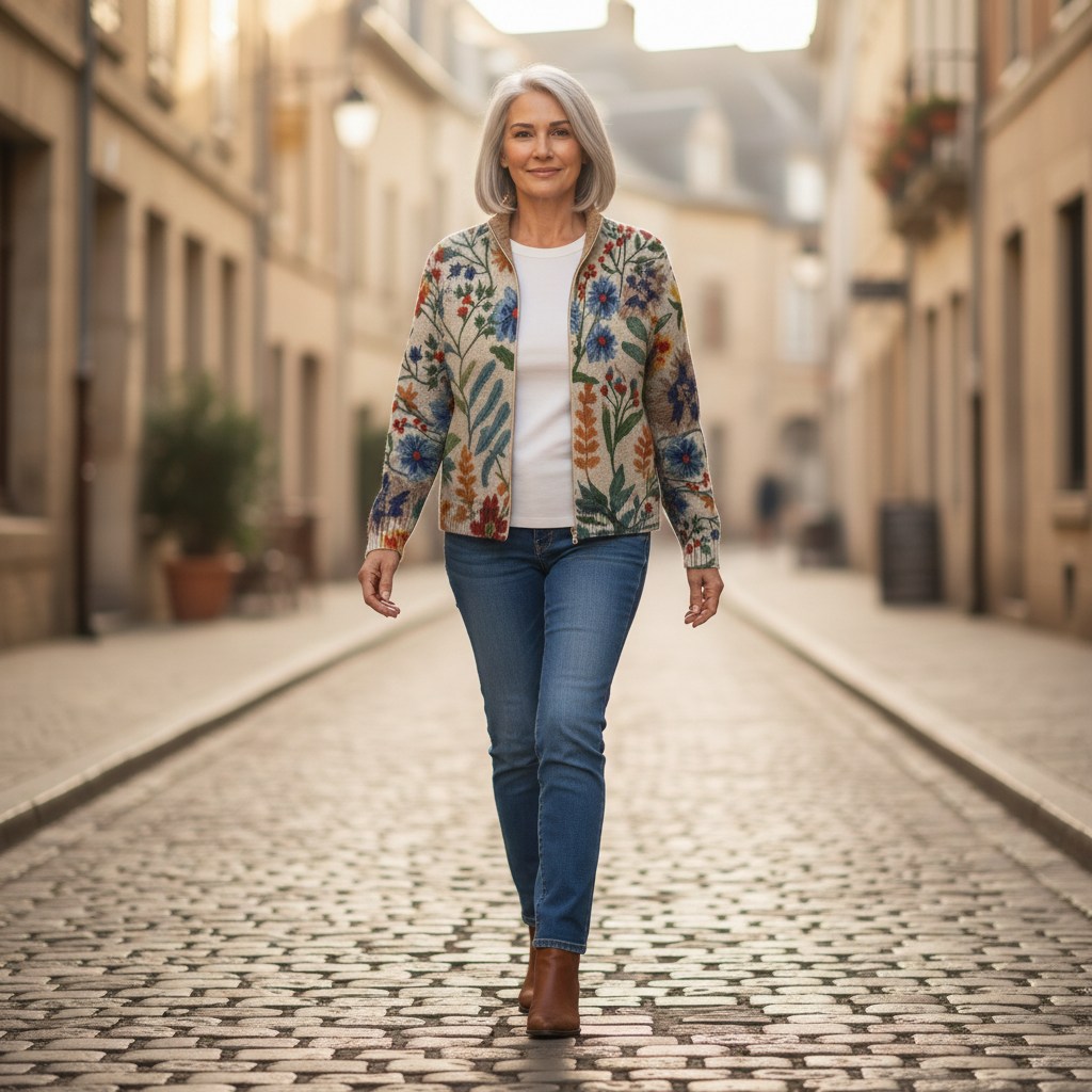 Birgit | Gilet avec motif floral botanique - porté en extérieur