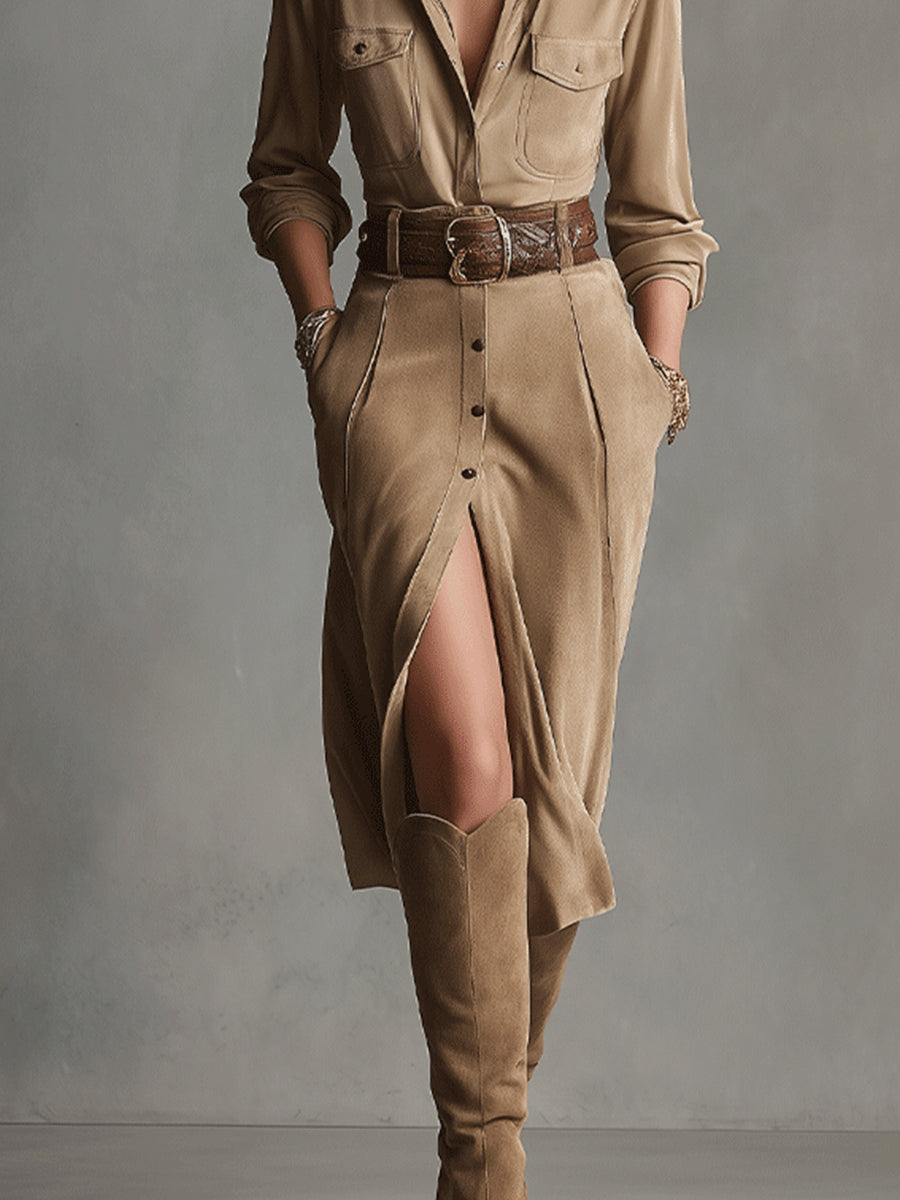 Roxane - robe midi tendance en suédine marron pour femme, autre vue