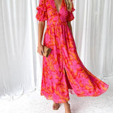 Dorothy Robe Classique Femme – Encolure en V & Manches Bouffantes en Rouge Rose Élégant