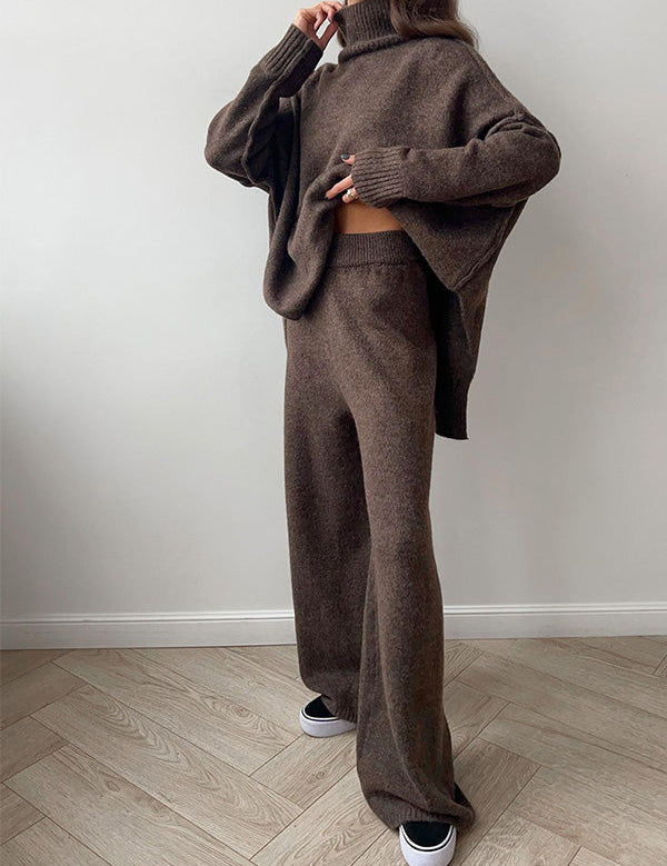 Aria Ensemble Loungewear Femme – Set Tricot Doux à Col Montant & Pantalon Large