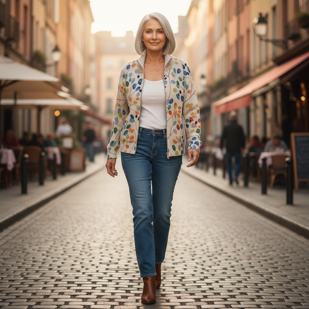 Anja | Gilet avec motif de feuilles colorées - porté en extérieur