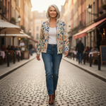 Anja | Gilet avec motif de feuilles colorées - porté en extérieur